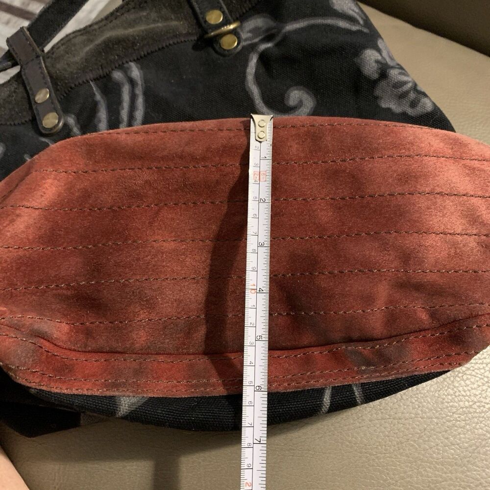 VTG Lucky Brand Leather Canvas Backpack Bag Floral Black Red Y2K Boho Drawstring - Picture 15 of 16